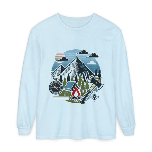 High Contrast Mountain View Camping Long Sleeve Tee Chambray Long-sleeve