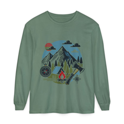 High Contrast Mountain View Camping Long Sleeve Tee Light Green Long-sleeve