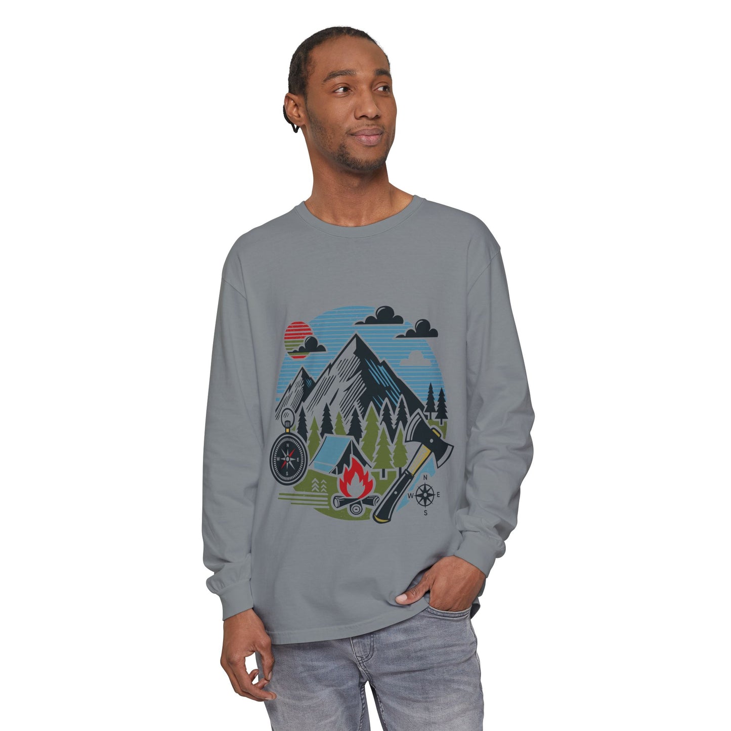 High Contrast Mountain View Camping Long Sleeve Tee Granite Long-sleeve