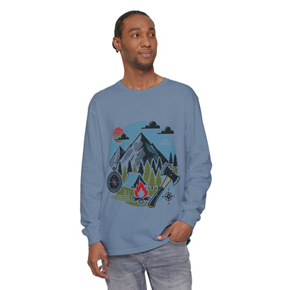 High Contrast Mountain View Camping Long Sleeve Tee Blue Jean Long-sleeve