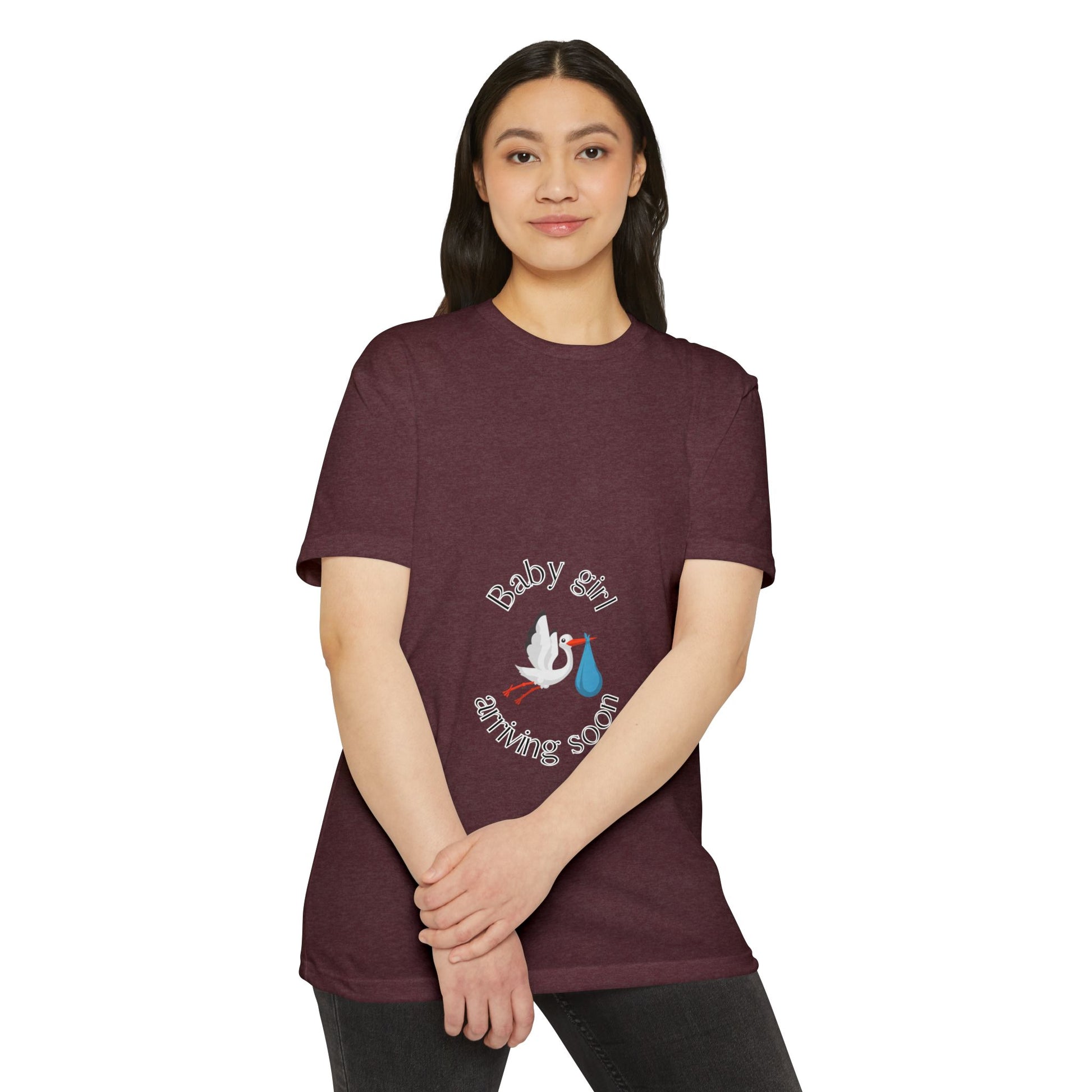 Baby Girl Coming Soon Maternity Jersey Tee Heather Maroon T-Shirt