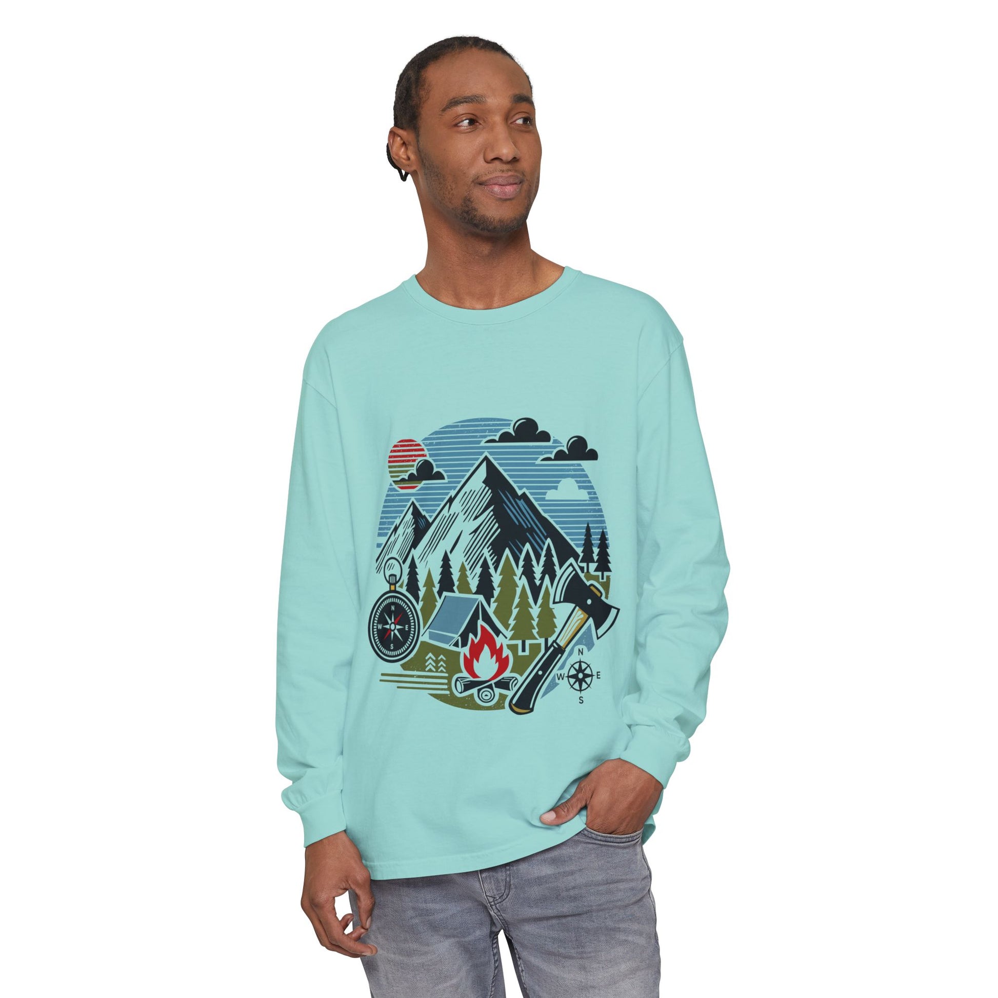 High Contrast Mountain View Camping Long Sleeve Tee Chalky Mint Long-sleeve