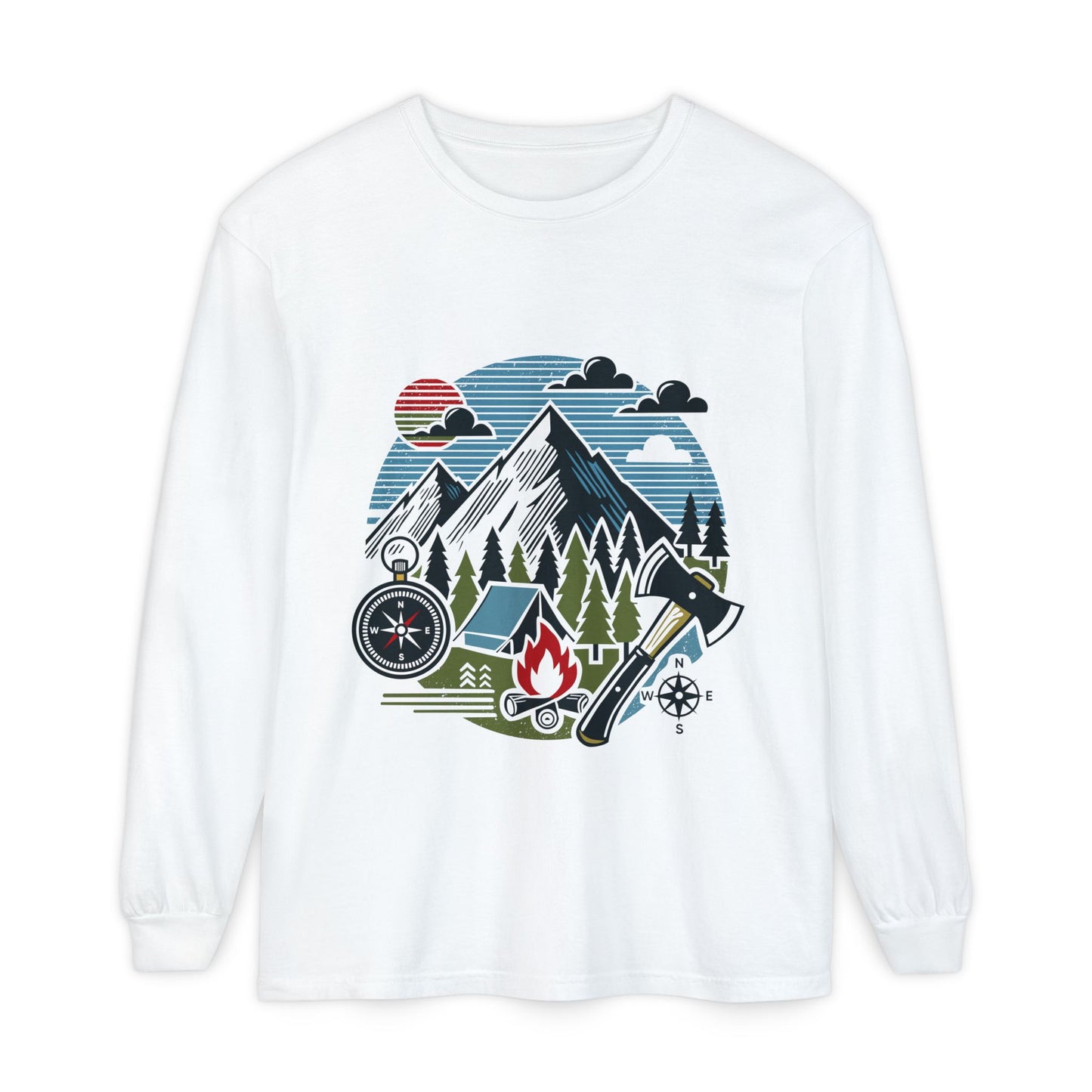 High Contrast Mountain View Camping Long Sleeve Tee White Long-sleeve