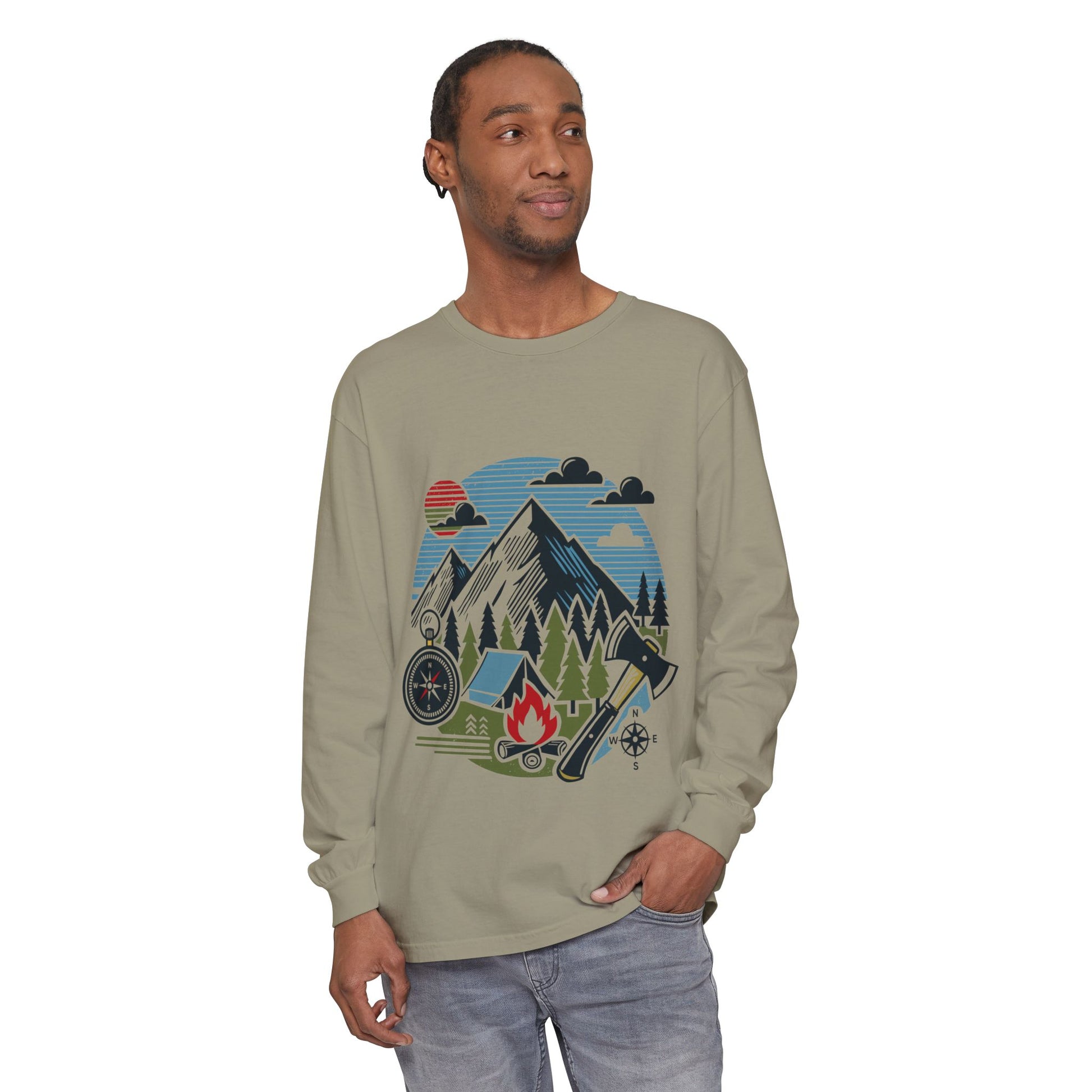 High Contrast Mountain View Camping Long Sleeve Tee Sandstone Long-sleeve