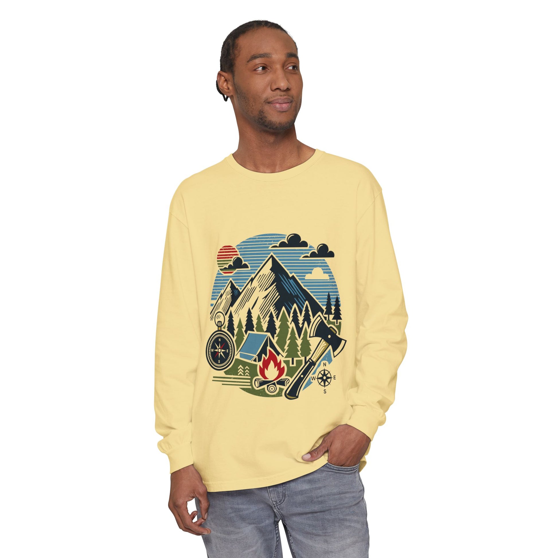 High Contrast Mountain View Camping Long Sleeve Tee Butter Long-sleeve