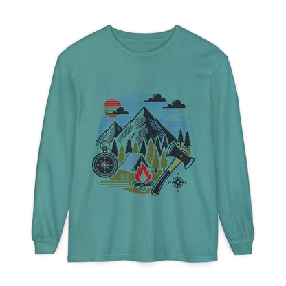 High Contrast Mountain View Camping Long Sleeve Tee Seafoam Long-sleeve