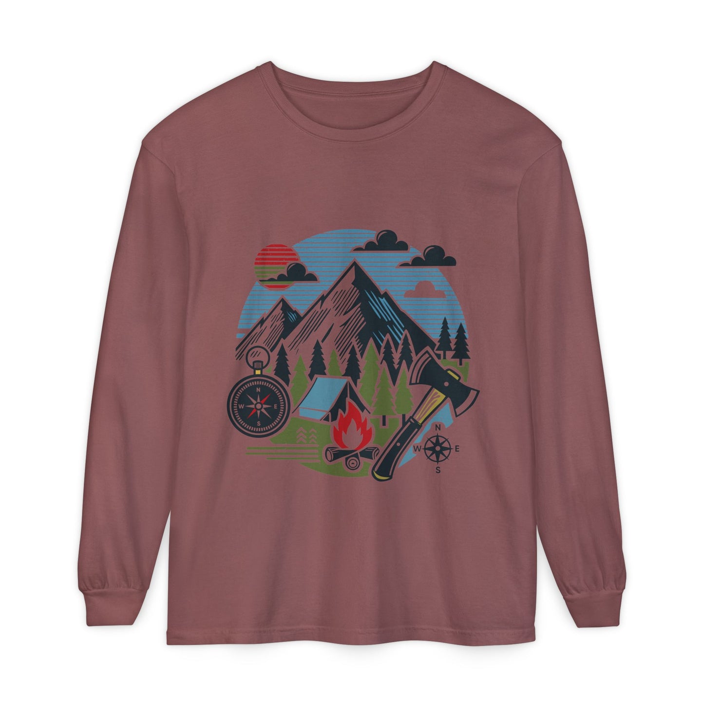 High Contrast Mountain View Camping Long Sleeve Tee Brick Long-sleeve