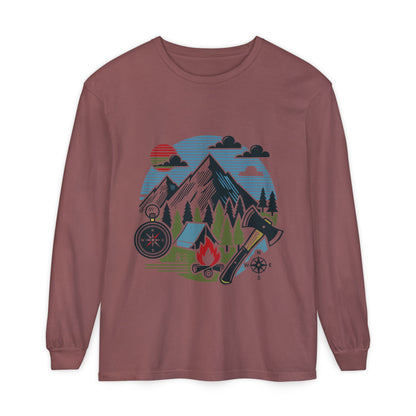 High Contrast Mountain View Camping Long Sleeve Tee Brick Long-sleeve