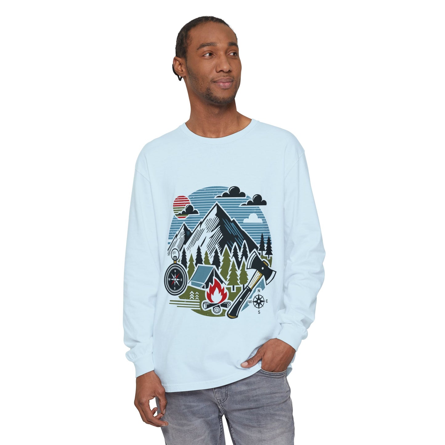 High Contrast Mountain View Camping Long Sleeve Tee Chambray Long-sleeve