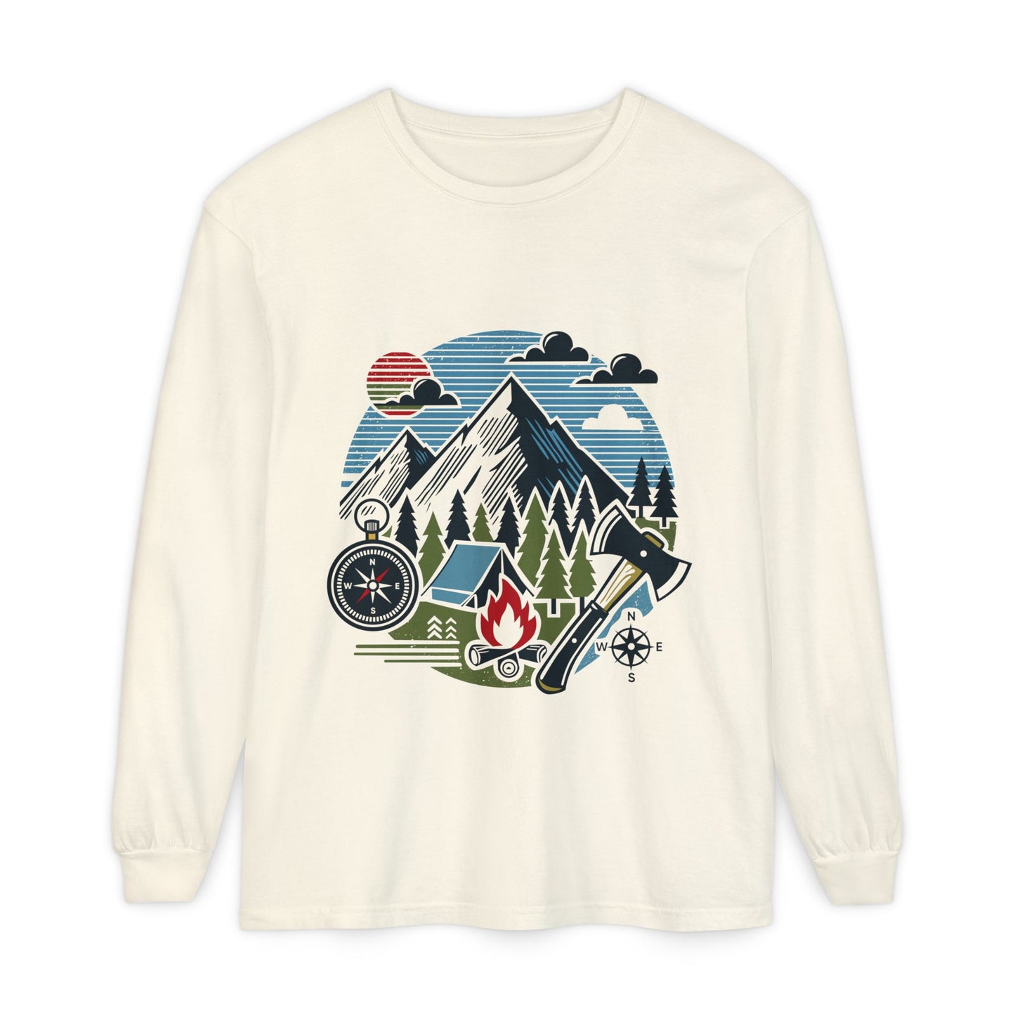 High Contrast Mountain View Camping Long Sleeve Tee Ivory Long-sleeve