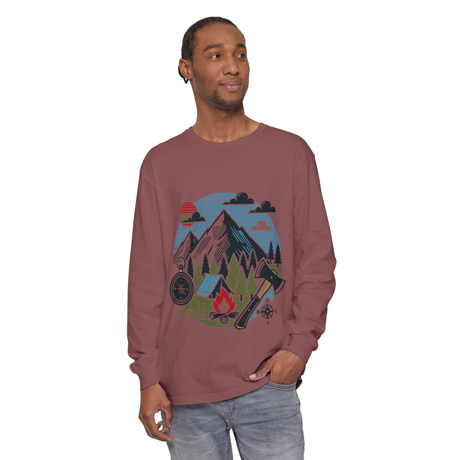 High Contrast Mountain View Camping Long Sleeve Tee Brick Long-sleeve