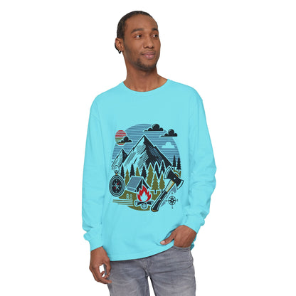 High Contrast Mountain View Camping Long Sleeve Tee Lagoon Blue Long-sleeve