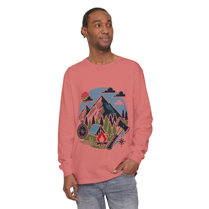 High Contrast Mountain View Camping Long Sleeve Tee Watermelon Long-sleeve