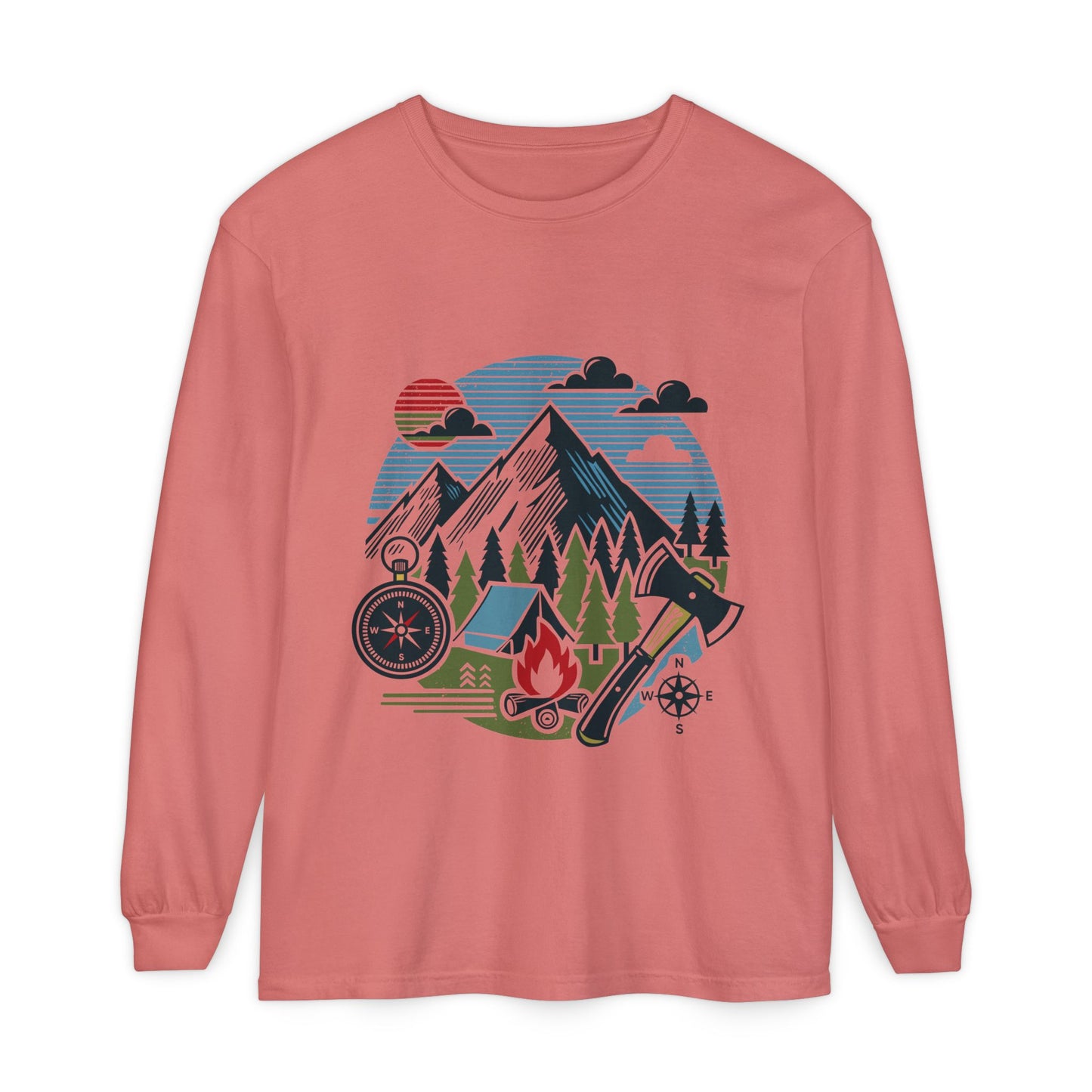 High Contrast Mountain View Camping Long Sleeve Tee Watermelon Long-sleeve