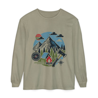 High Contrast Mountain View Camping Long Sleeve Tee Sandstone Long-sleeve