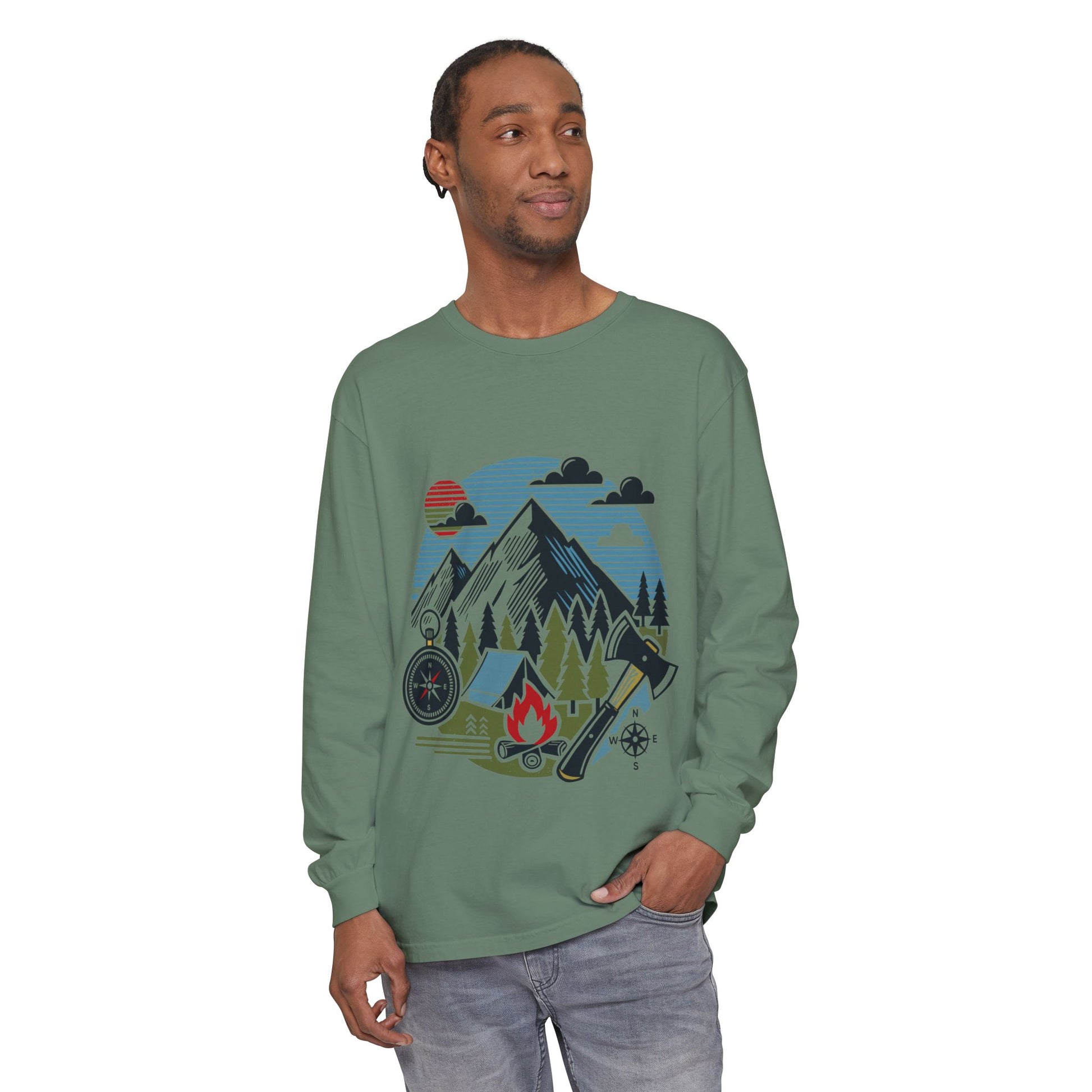 High Contrast Mountain View Camping Long Sleeve Tee Light Green Long-sleeve