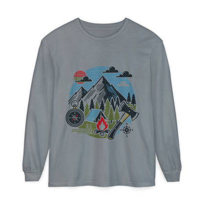 High Contrast Mountain View Camping Long Sleeve Tee Granite Long-sleeve