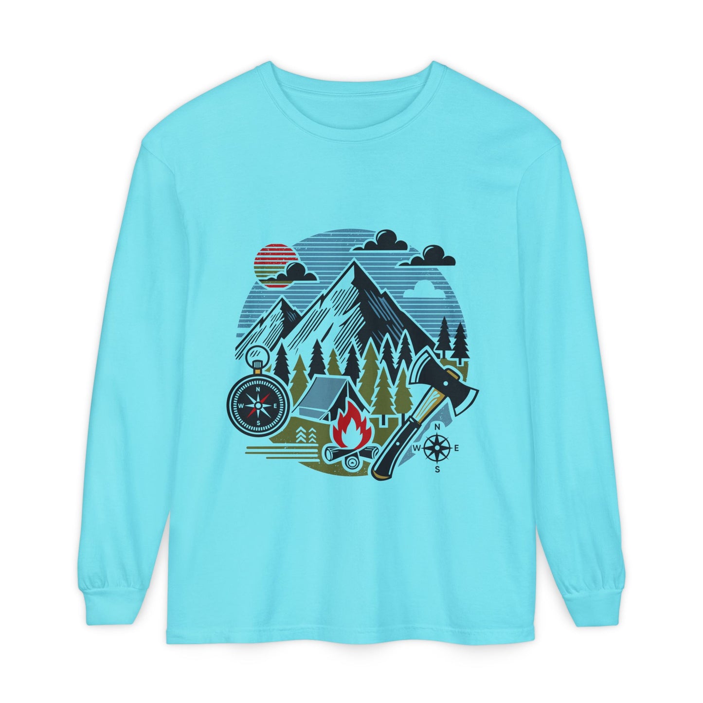 High Contrast Mountain View Camping Long Sleeve Tee Lagoon Blue Long-sleeve