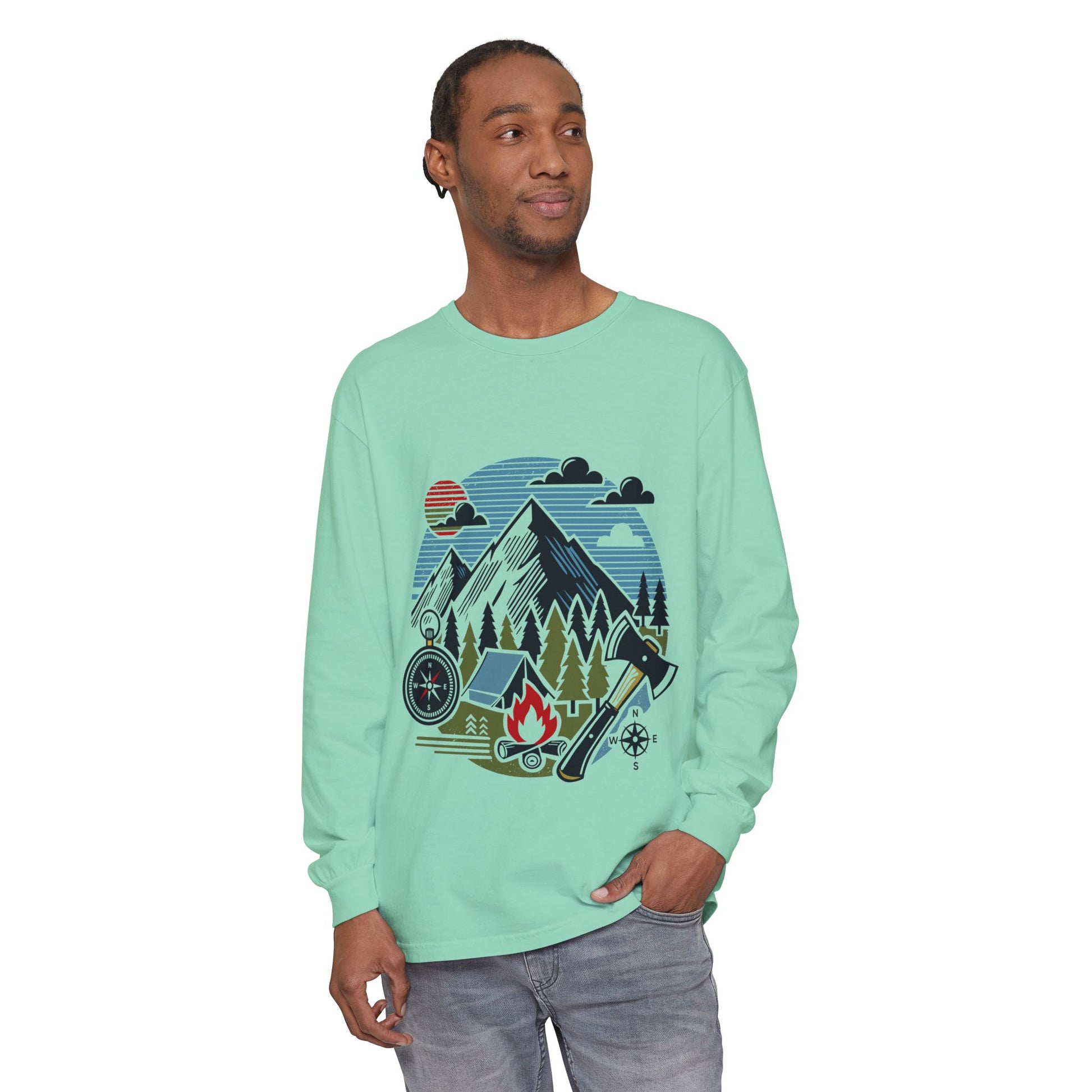 High Contrast Mountain View Camping Long Sleeve Tee Island Reef Long-sleeve