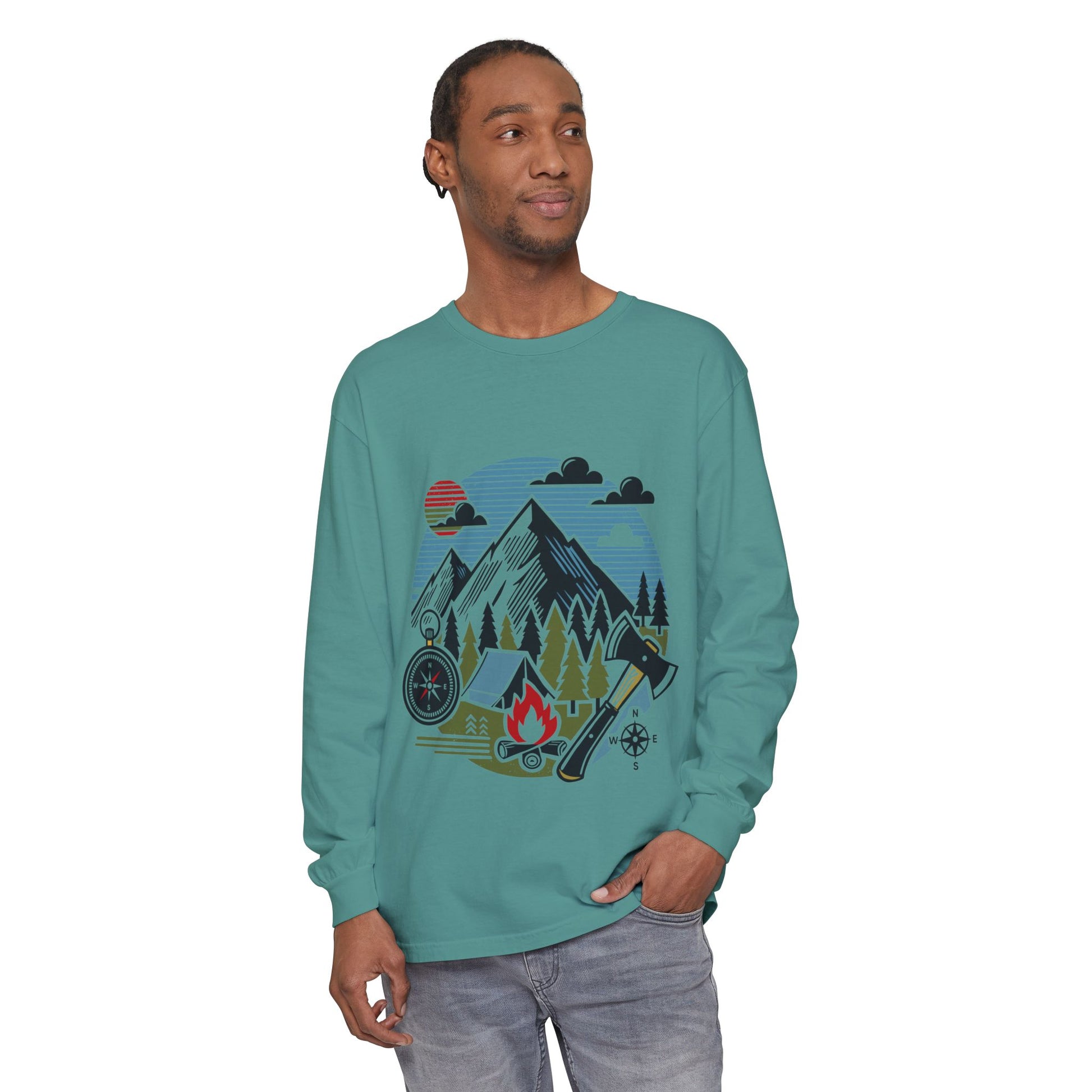 High Contrast Mountain View Camping Long Sleeve Tee Seafoam Long-sleeve