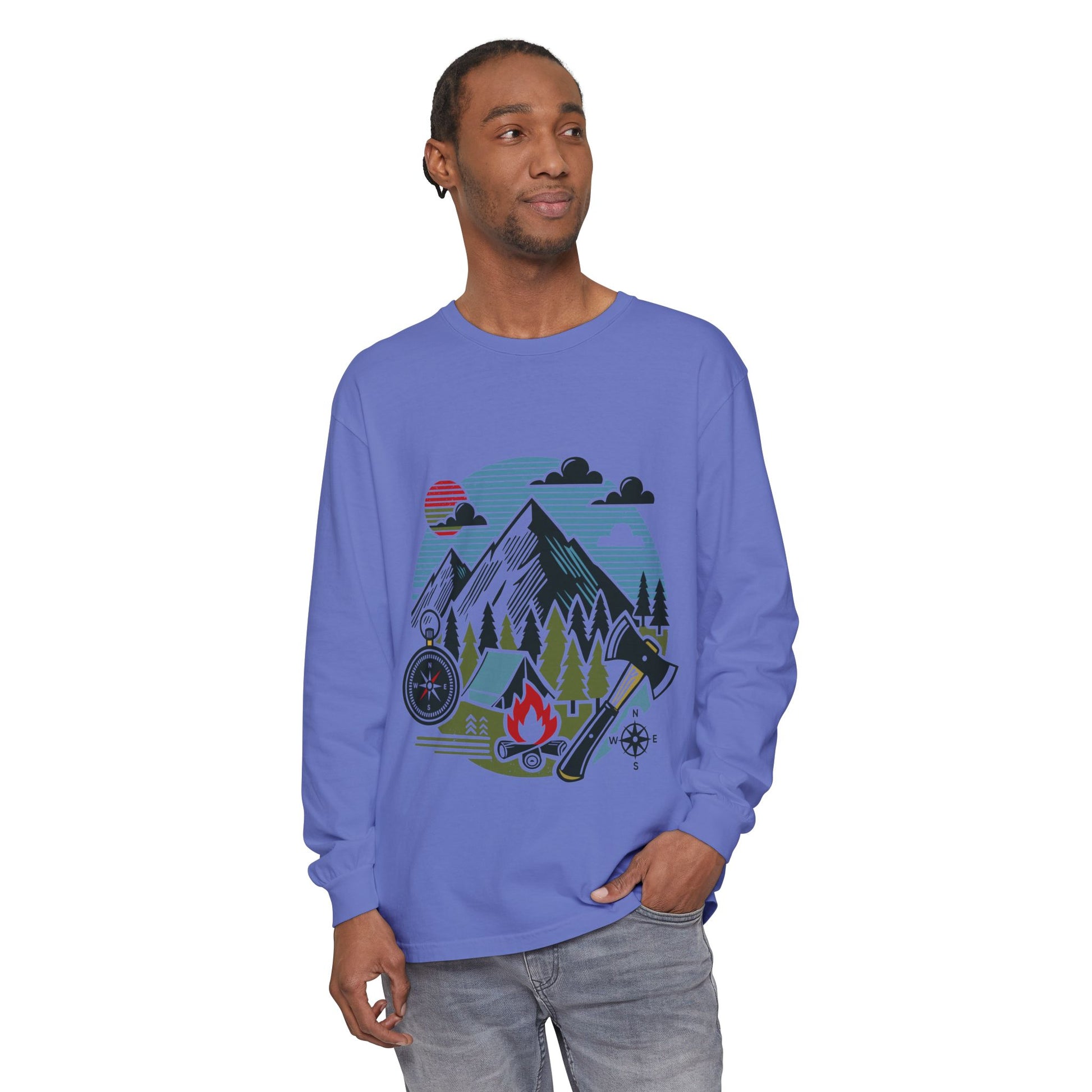 High Contrast Mountain View Camping Long Sleeve Tee Flo Blue Long-sleeve