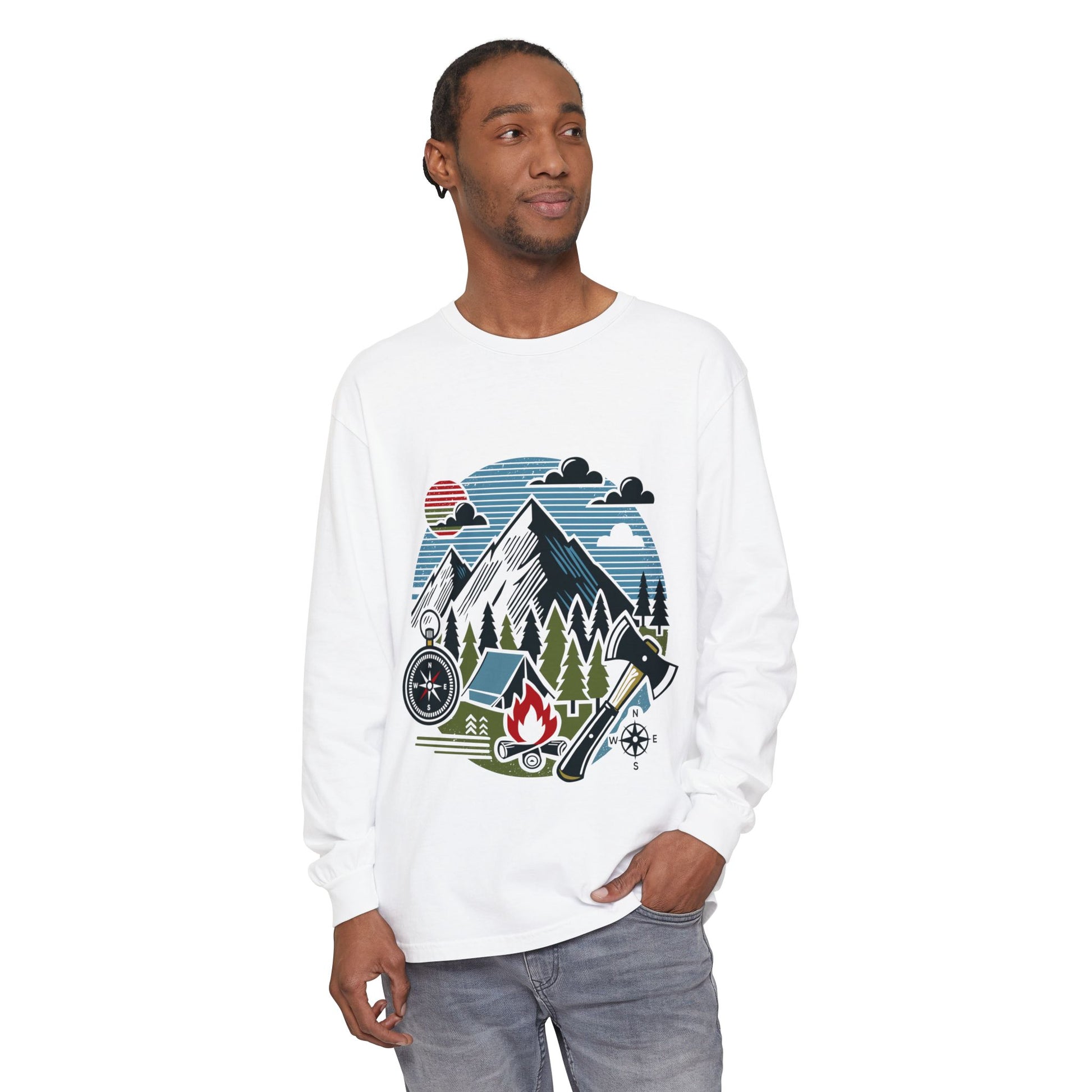 High Contrast Mountain View Camping Long Sleeve Tee Lagoon Blue Long-sleeve