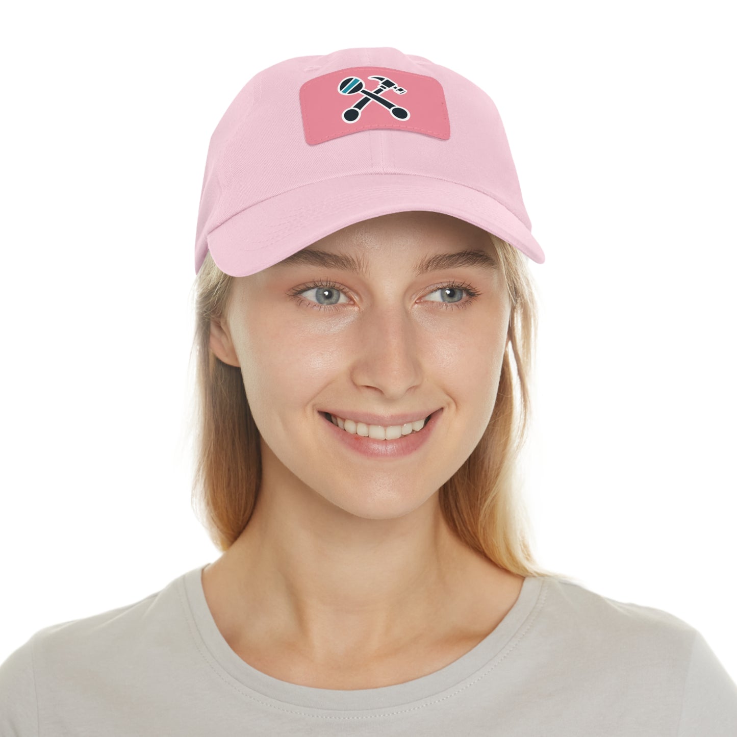 Hammer & Rattle Iconic Leather Patch Dad Hat Grey Pink Patch Hats