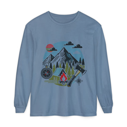 High Contrast Mountain View Camping Long Sleeve Tee Blue Jean Long-sleeve