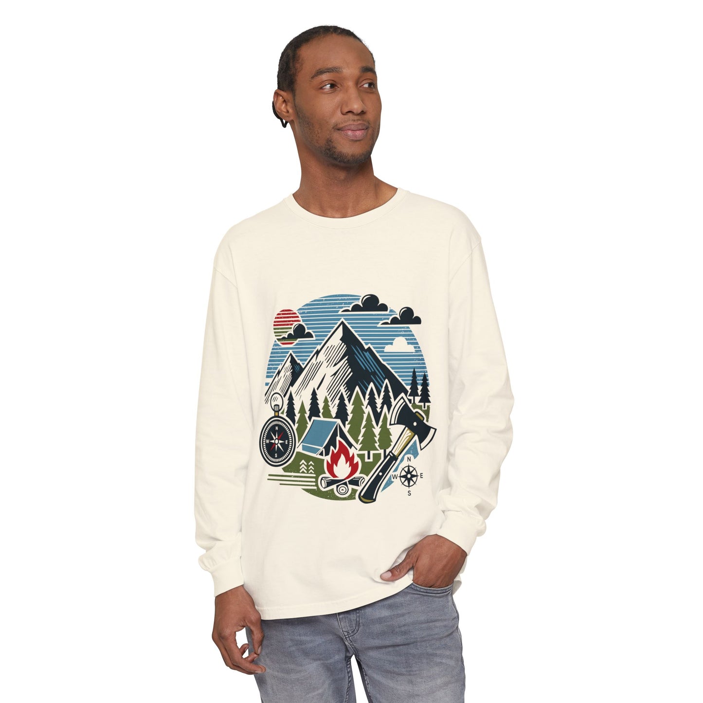 High Contrast Mountain View Camping Long Sleeve Tee Ivory Long-sleeve