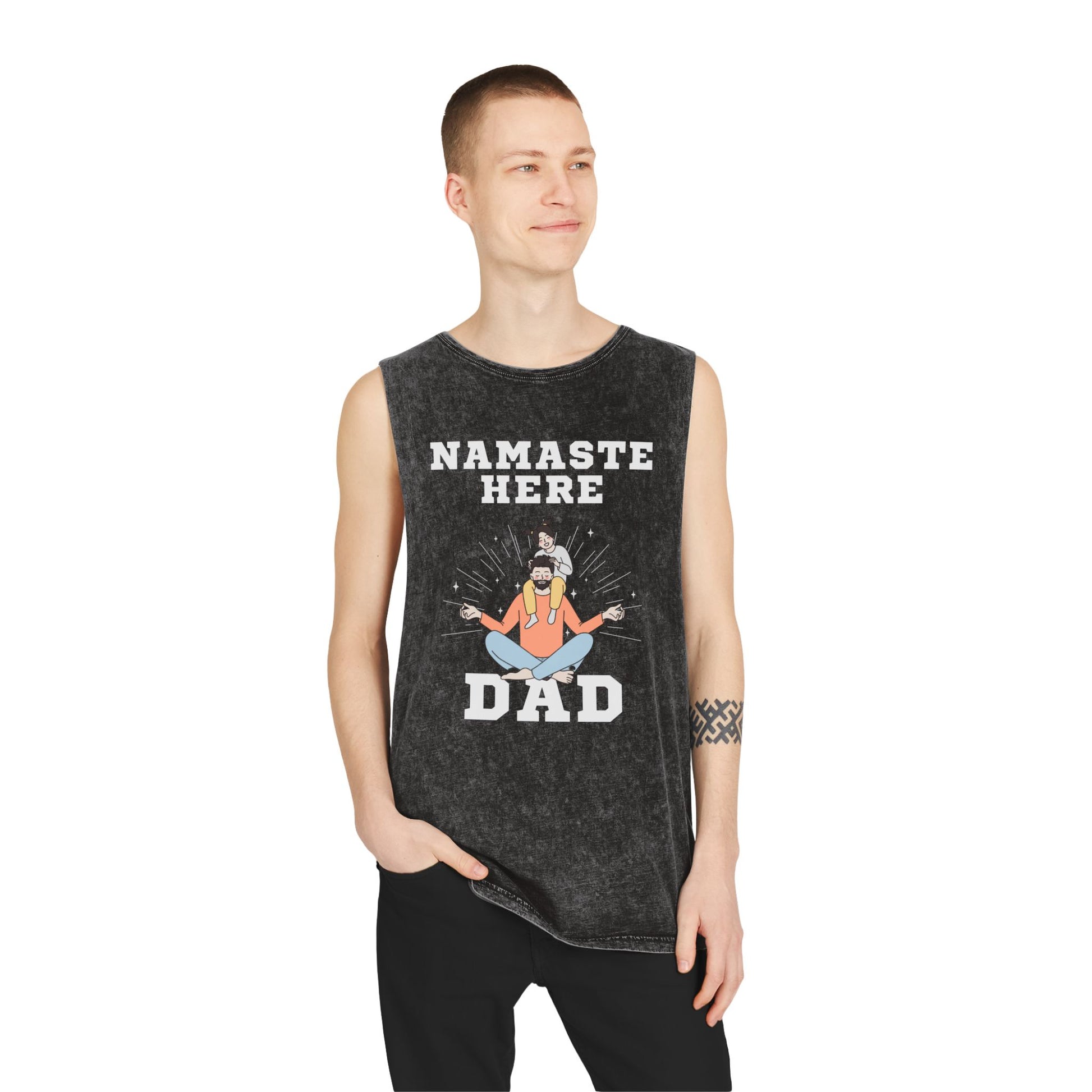 Namaste Here Dad Stonewash Tank Top Black Stone Tank Top