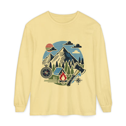 High Contrast Mountain View Camping Long Sleeve Tee Butter Long-sleeve